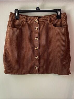 Ambiance Apparel | Camel Caramel Corduroy Mini Skirt with Tortoise Shell Buttons